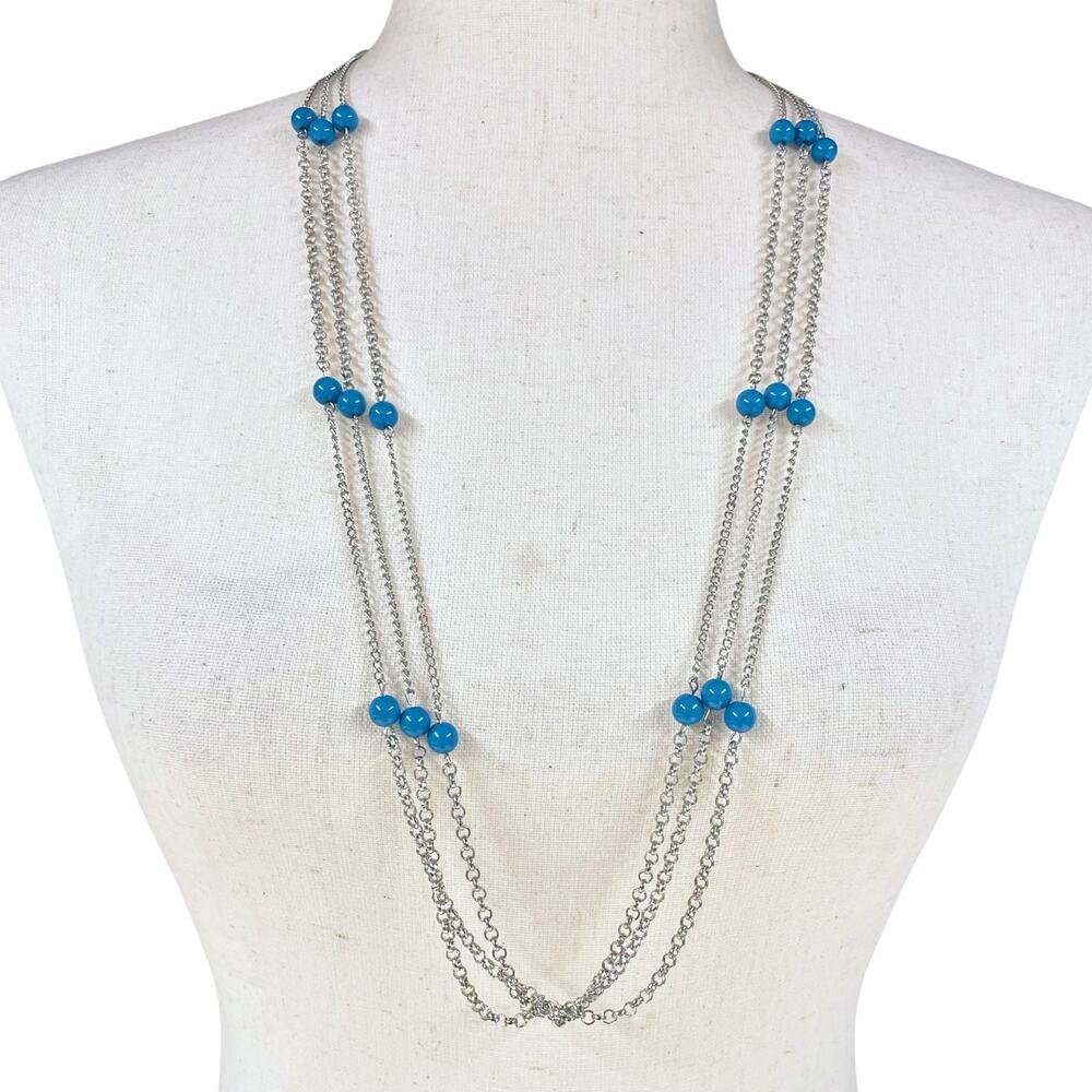 Blue Beads & Silver-Tone Chain Long Layered Necklace 34"